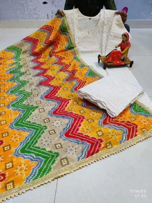 Bandhej Style Multicolor design Chikankari Elegance - Pakistani Dupatta & Kurti Palazzo Set