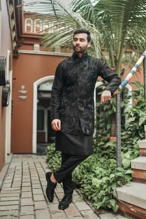 Black Long Jacket Set with Resham and Cut Dana Work