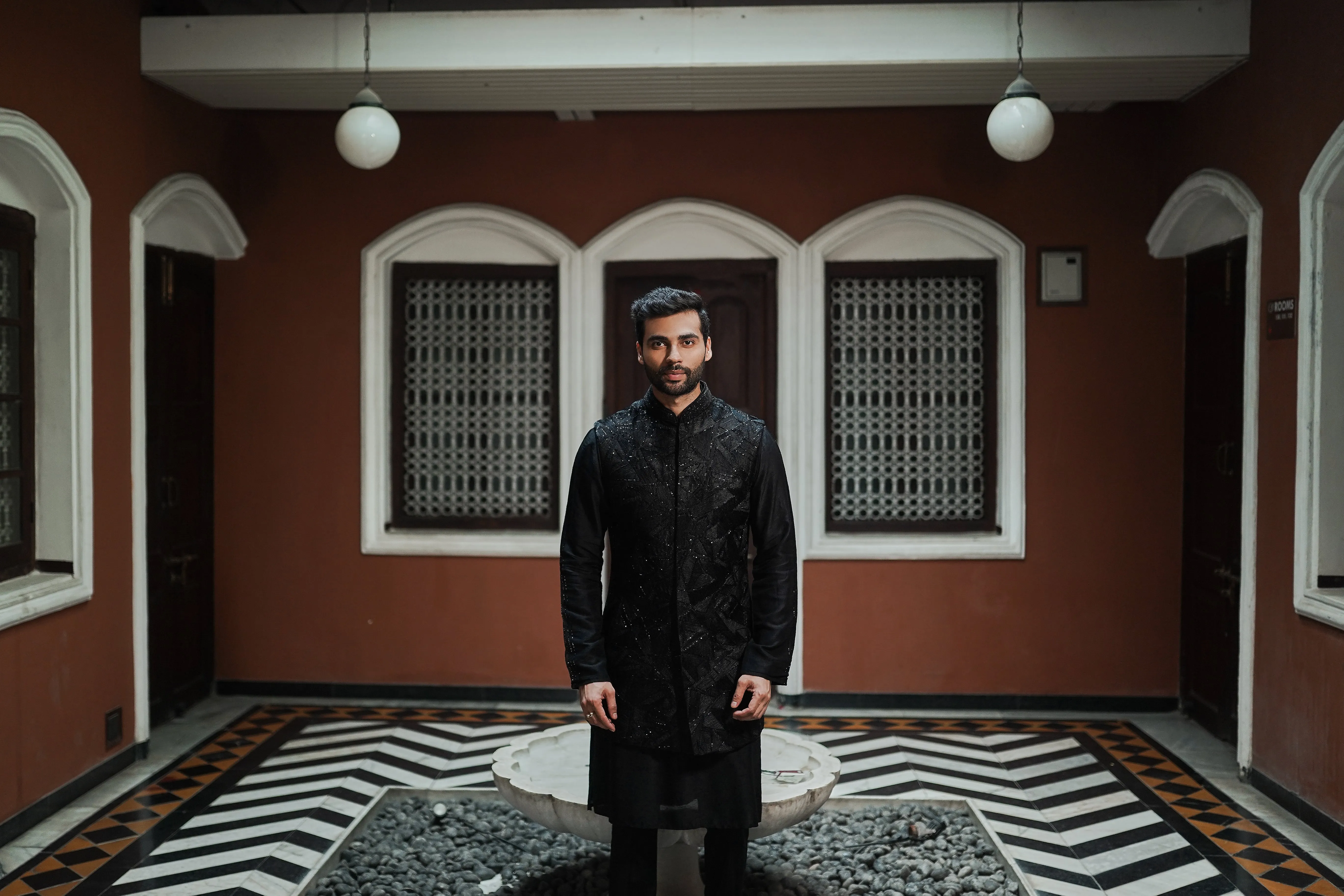Black Long Jacket Set with Resham and Cut Dana Work