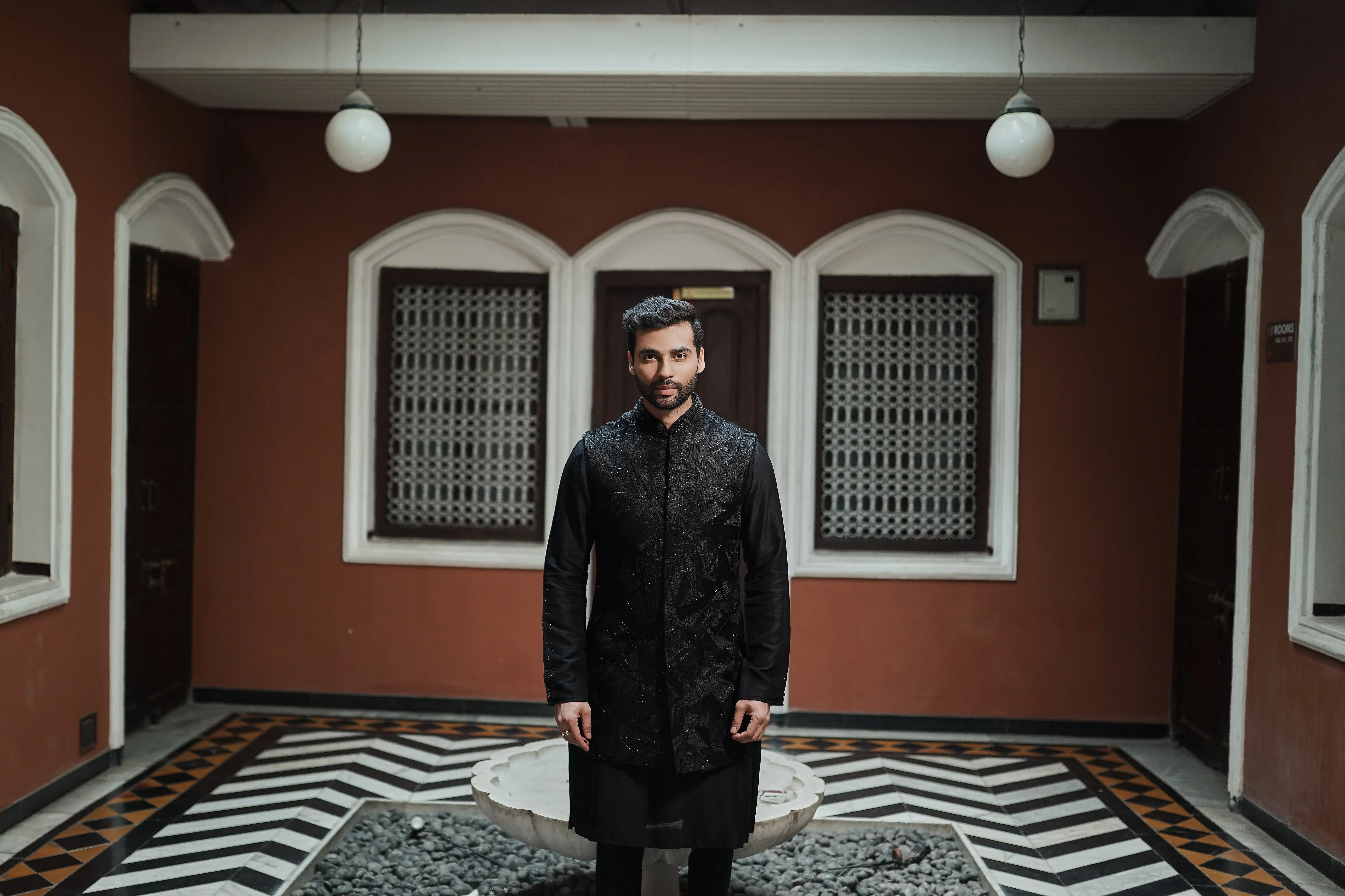 Black Long Jacket Set with Resham and Cut Dana Work