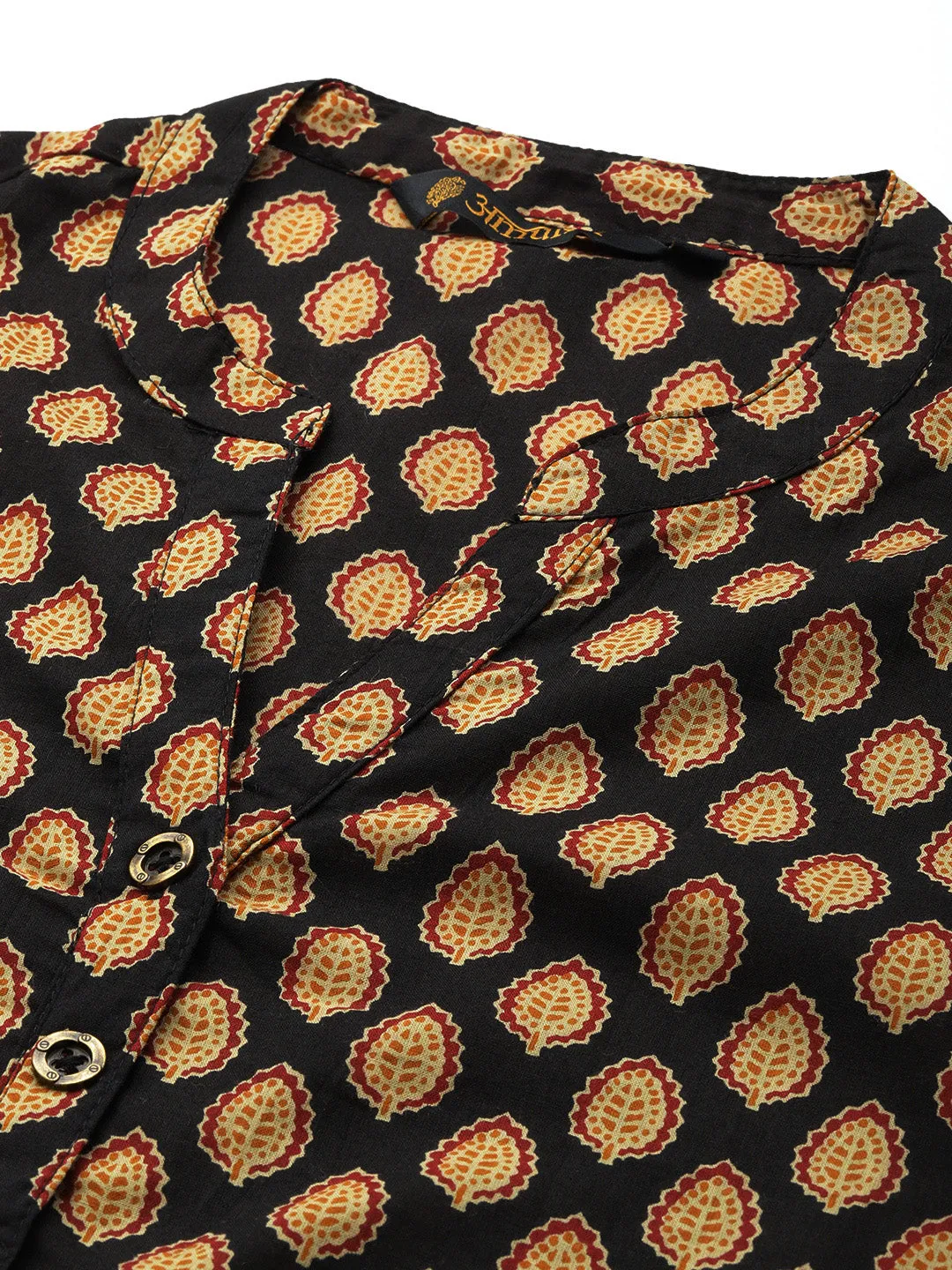 Black Printed Mandarin Collar Ethnic Tunic