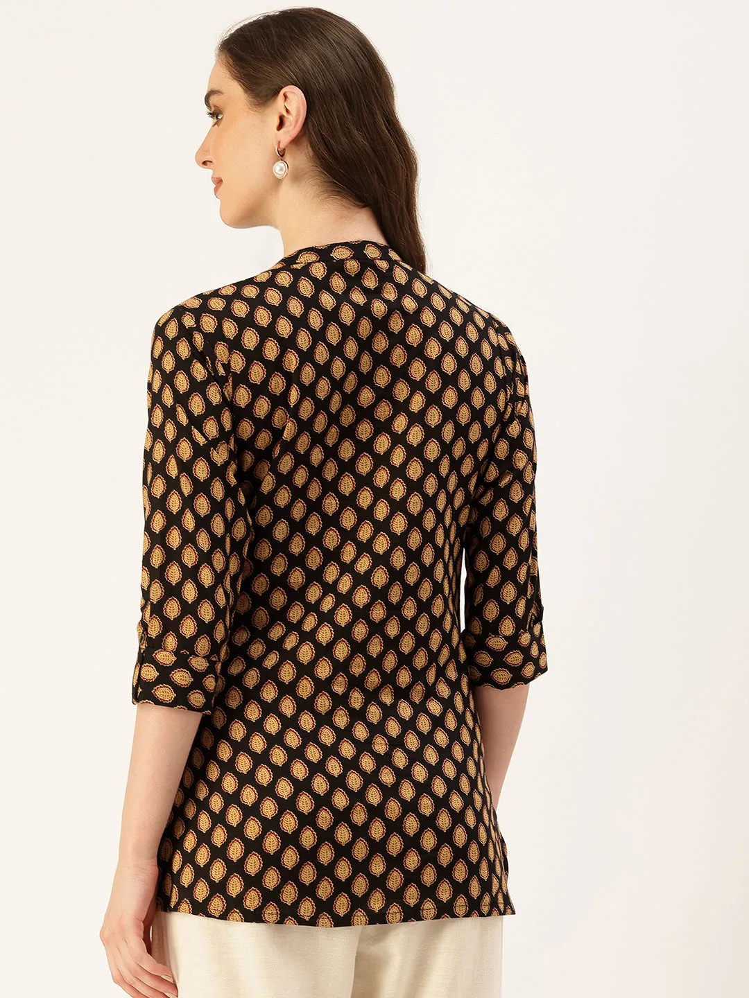 Black Printed Mandarin Collar Ethnic Tunic
