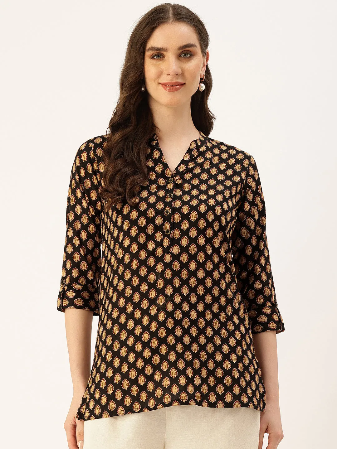 Black Printed Mandarin Collar Ethnic Tunic