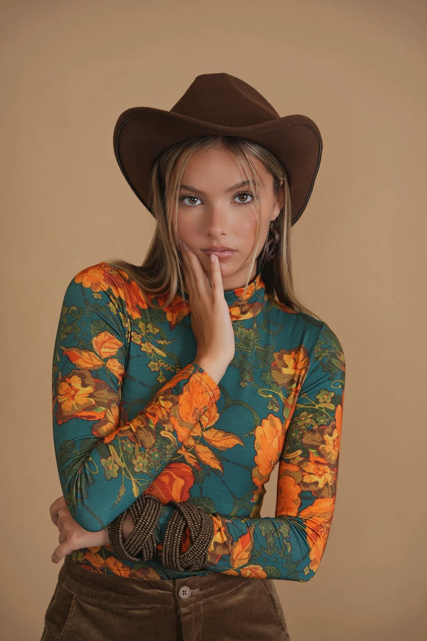 Bliss Printed Mock Neck Teal Floral