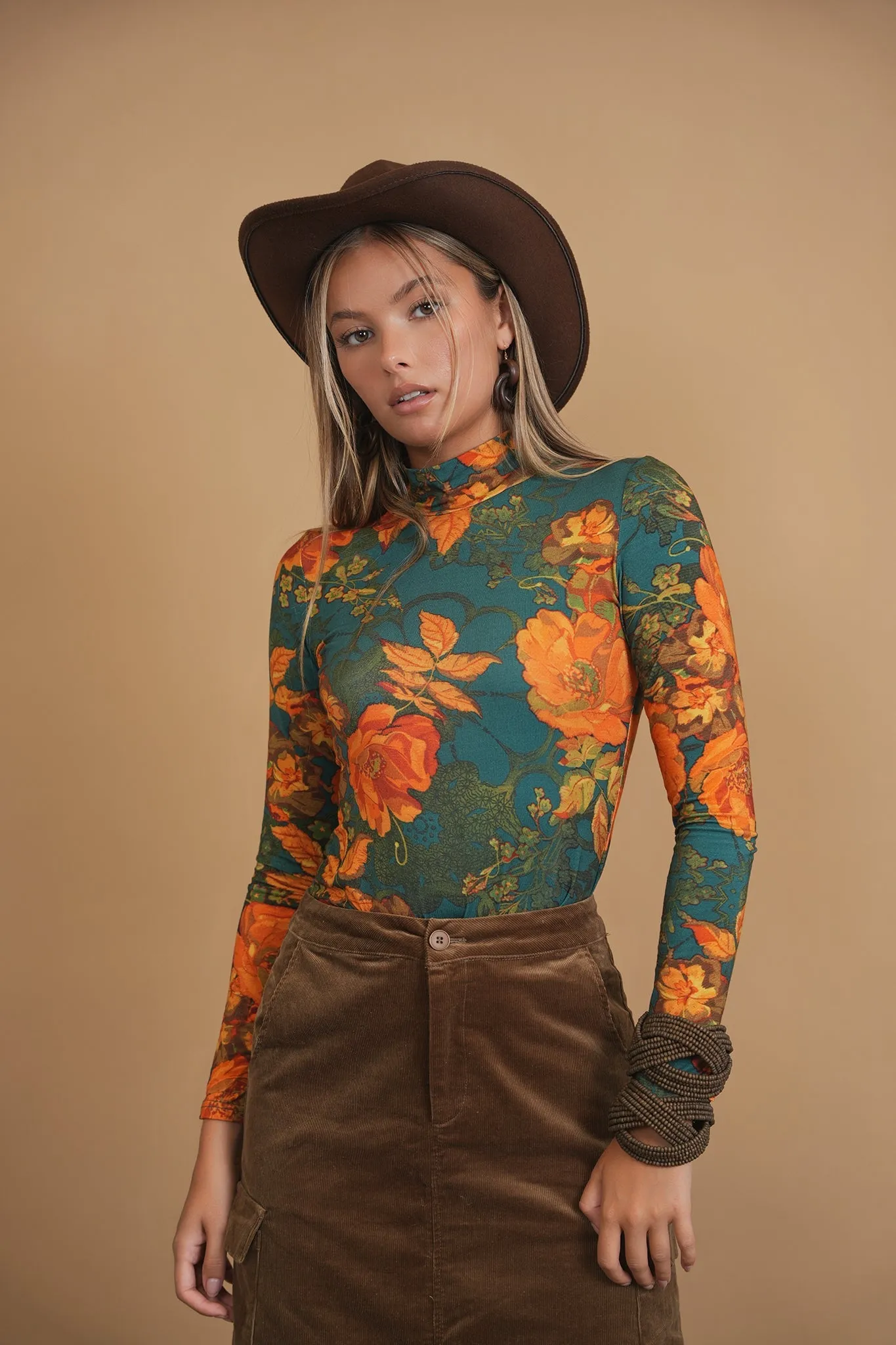 Bliss Printed Mock Neck Teal Floral
