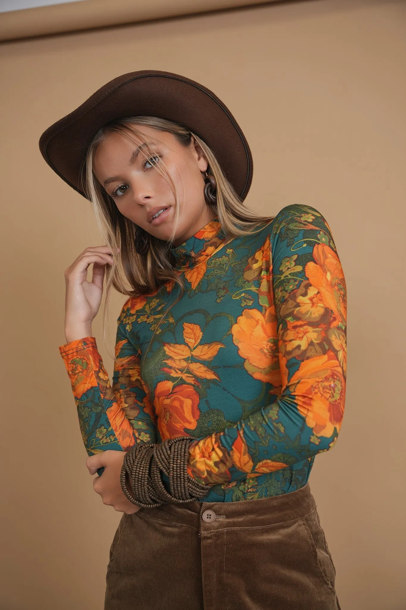 Bliss Printed Mock Neck Teal Floral