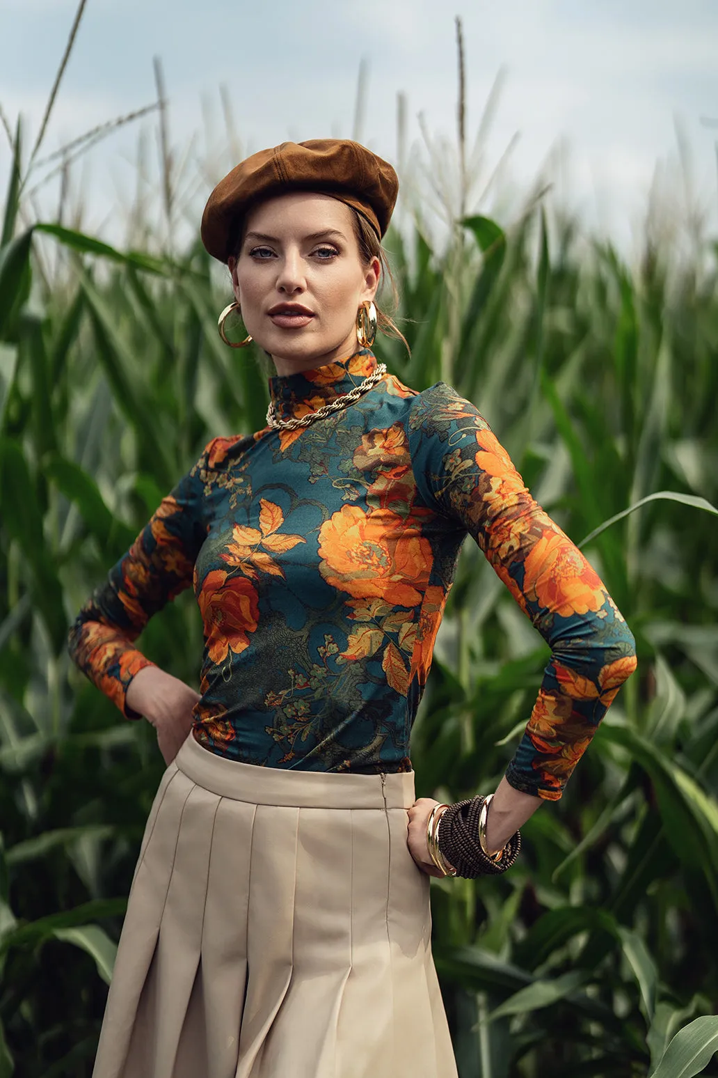 Bliss Printed Mock Neck Teal Floral