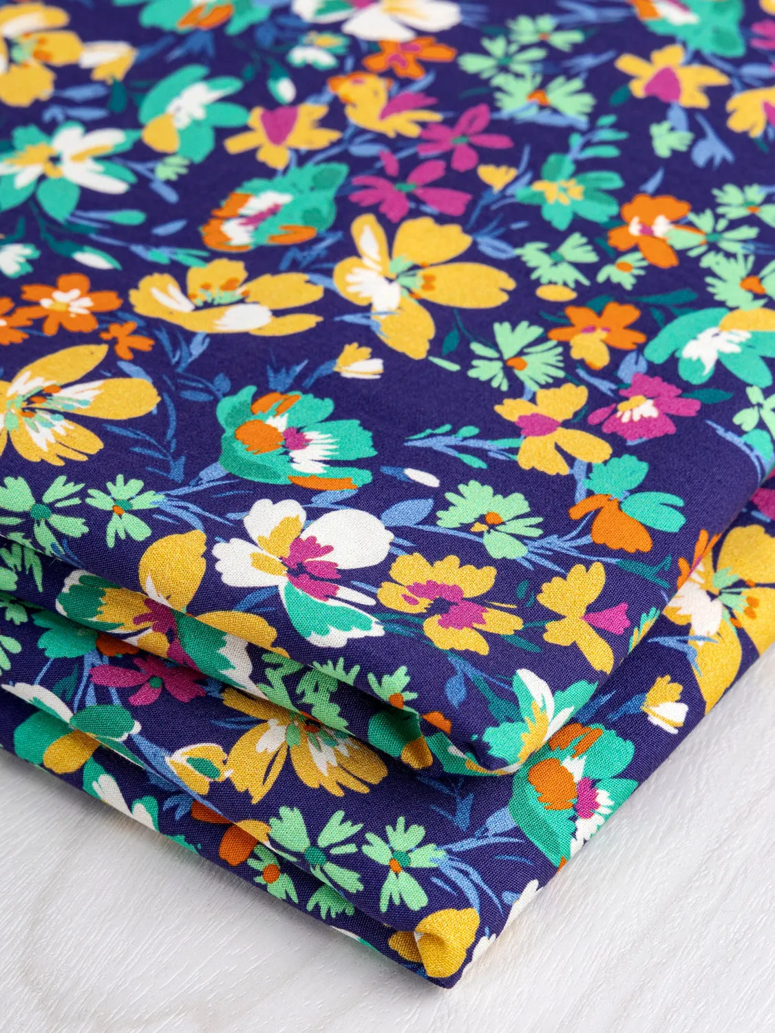 Blooming Floral Print Cotton Poplin - Navy   Magenta   Emerald   Yellow - Swatch