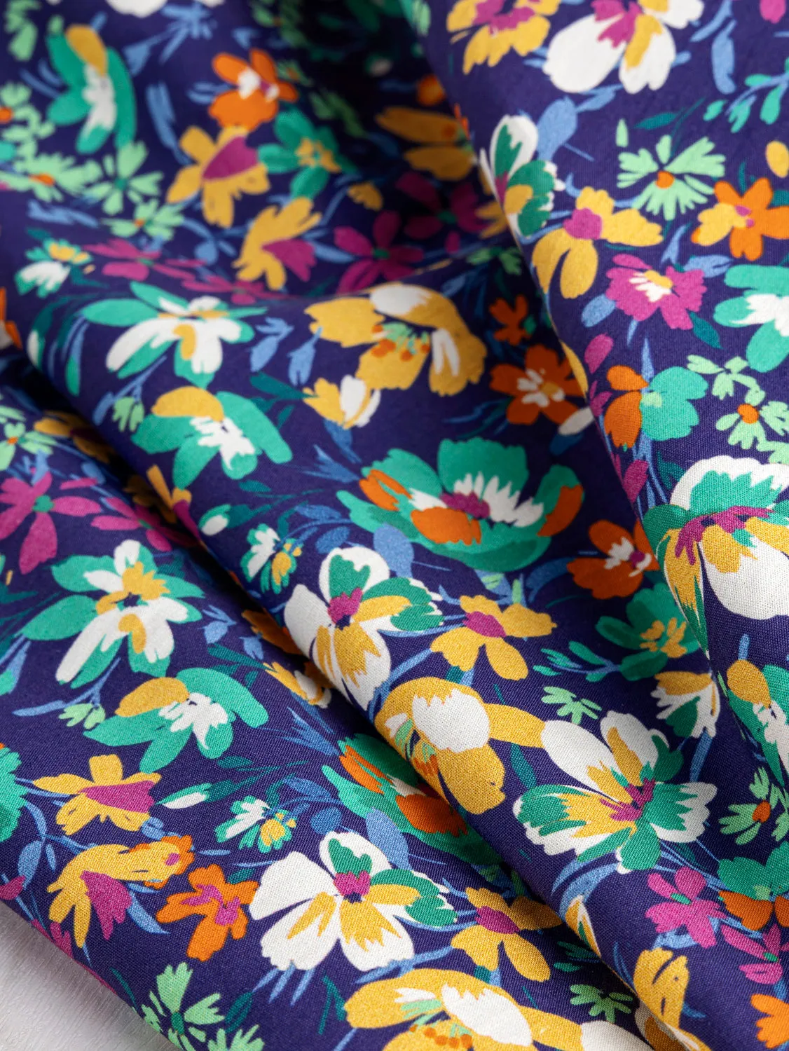 Blooming Floral Print Cotton Poplin - Navy   Magenta   Emerald   Yellow - Swatch