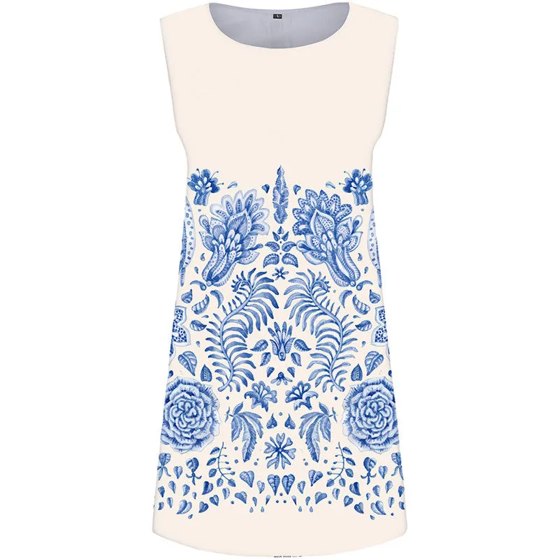 Blue And White Porcelain Dress Women Art Office Vintage Vestido Sexy White Ladies Dresses Elegant Tank Womens Clothing Casual