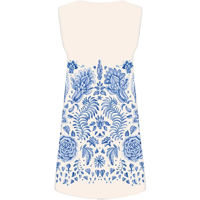 Blue And White Porcelain Dress Women Art Office Vintage Vestido Sexy White Ladies Dresses Elegant Tank Womens Clothing Casual