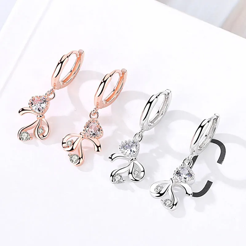 Bowknot with Zircon Pendant Silver Hoop Earrings for Women