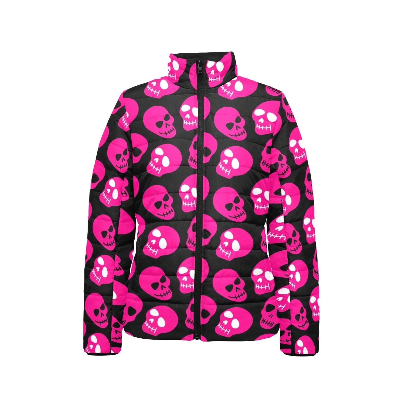 Bright Pink Skull Pattern Women's Stand Collar Padded Jacket
