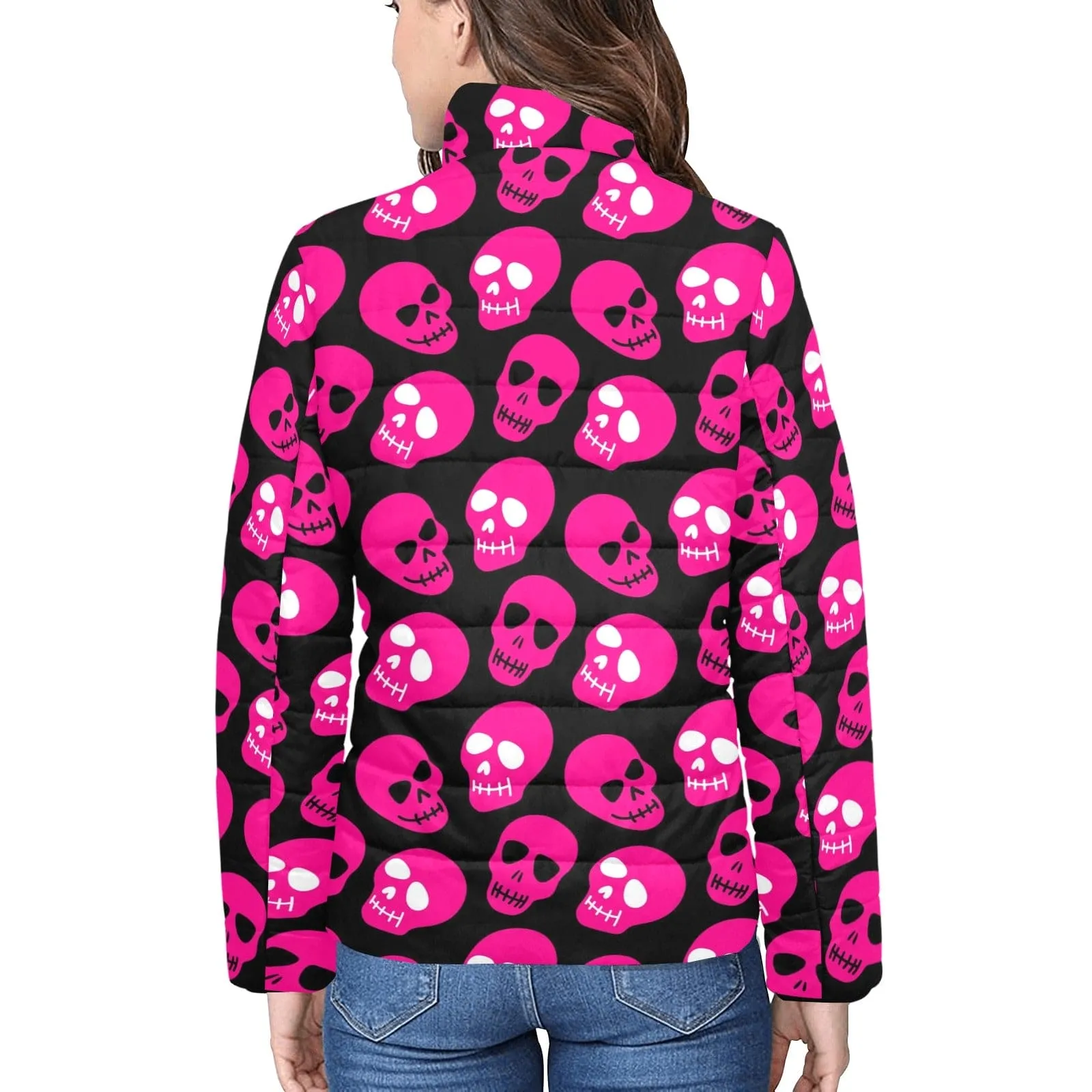 Bright Pink Skull Pattern Women's Stand Collar Padded Jacket