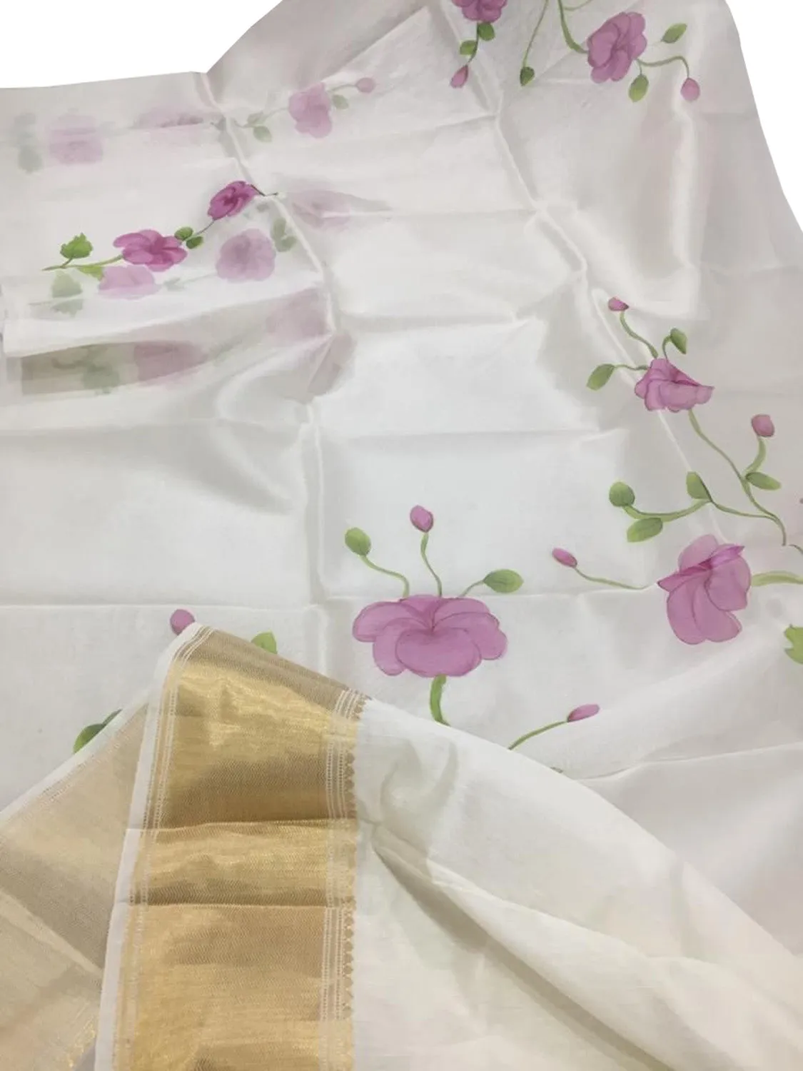 Hand Painted Off White Organza Saree with Zari Border - Pure Elegance