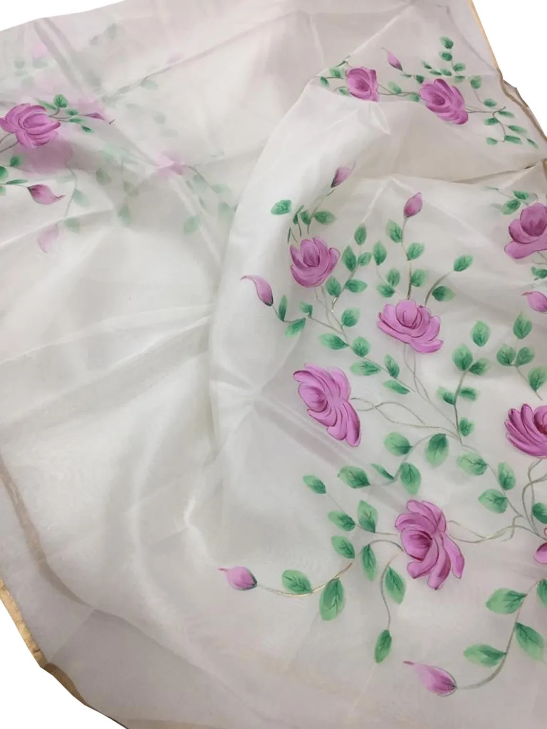 Hand Painted Off White Organza Saree with Zari Border - Pure Elegance