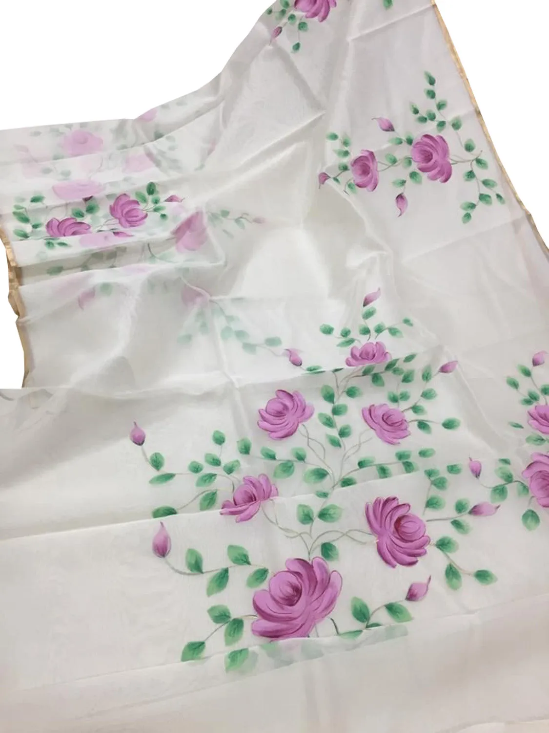 Hand Painted Off White Organza Saree with Zari Border - Pure Elegance
