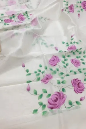 Hand Painted Off White Organza Saree with Zari Border - Pure Elegance