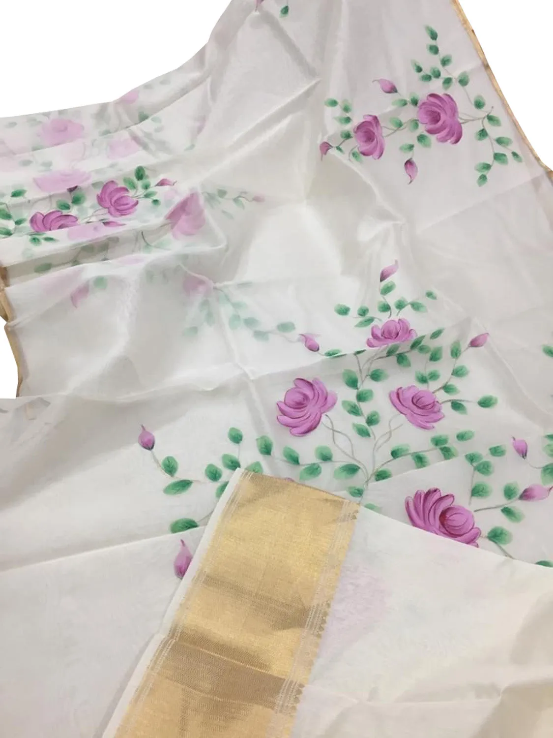 Hand Painted Off White Organza Saree with Zari Border - Pure Elegance