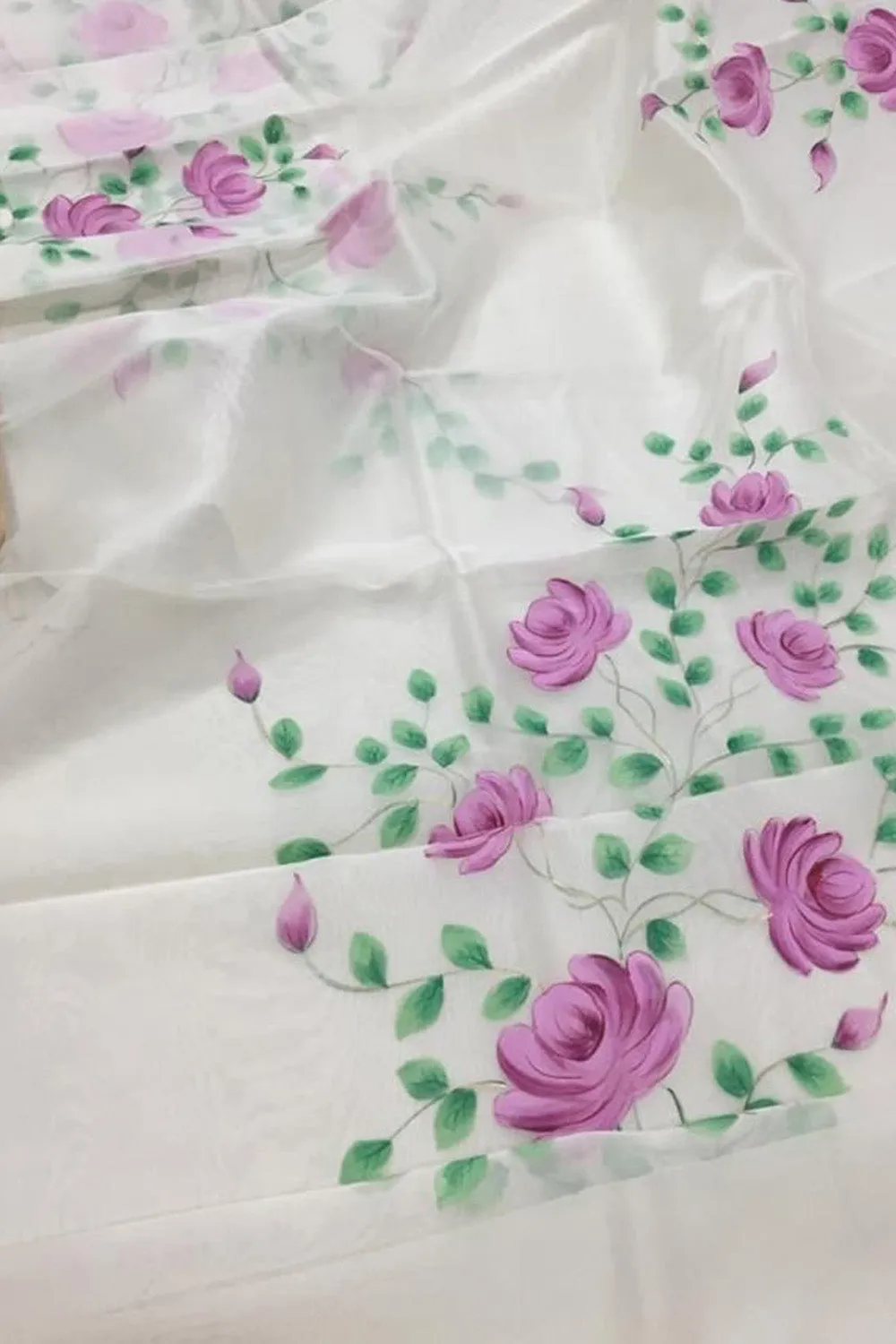 Hand Painted Off White Organza Saree with Zari Border - Pure Elegance