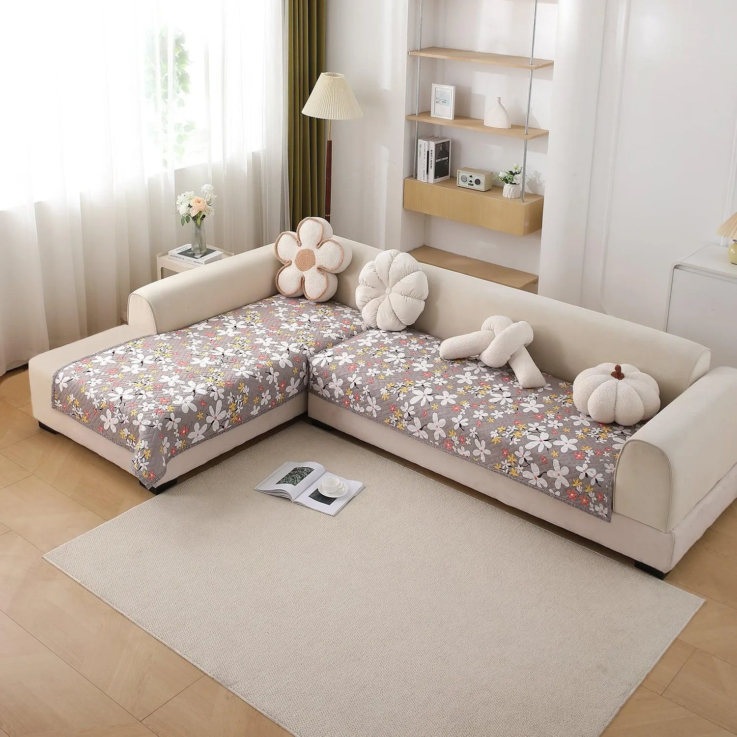 HOKIPO Printed Quilted Sofa Cover L Shape, Pastel Brown Sandwort Flower