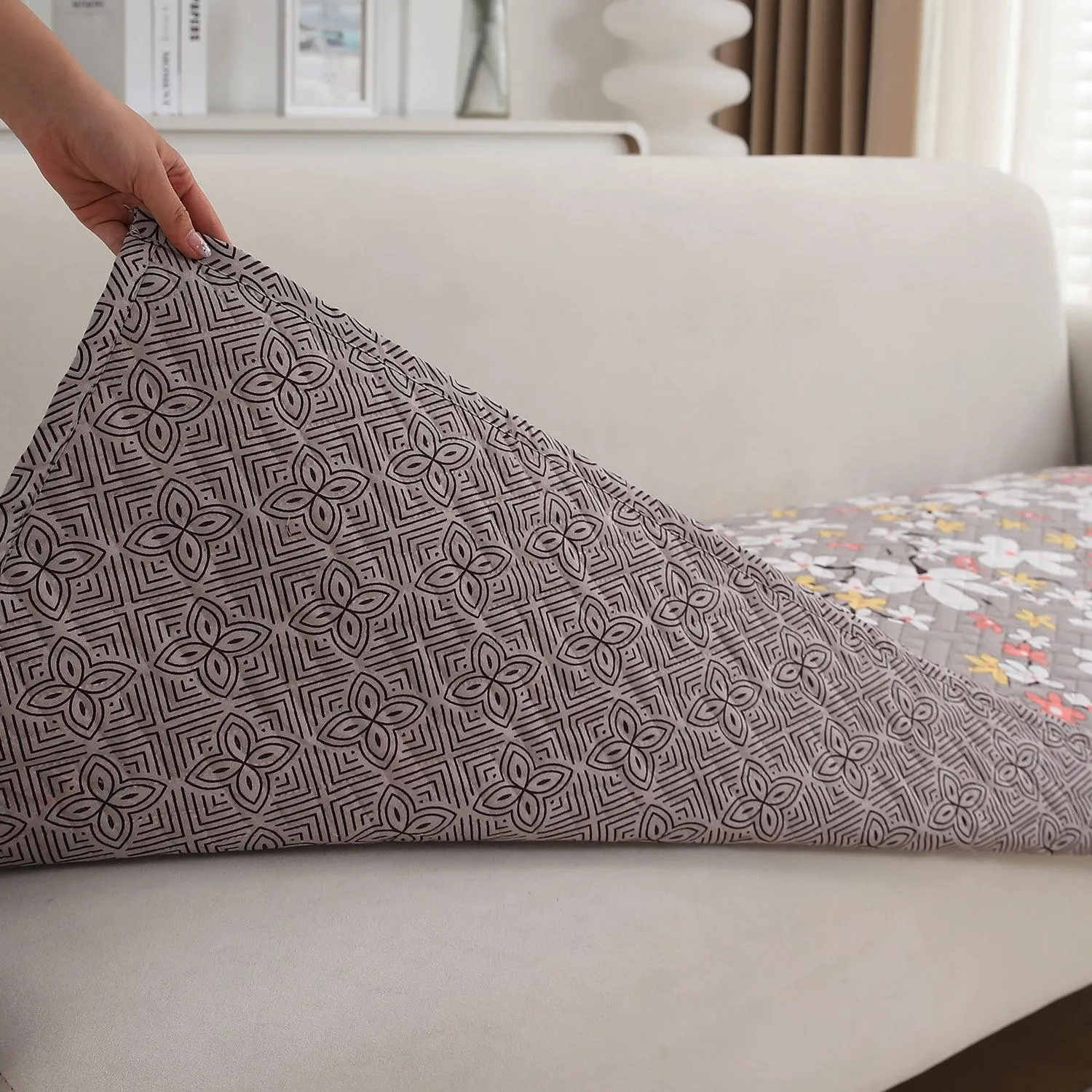 HOKIPO Printed Quilted Sofa Cover L Shape, Pastel Brown Sandwort Flower