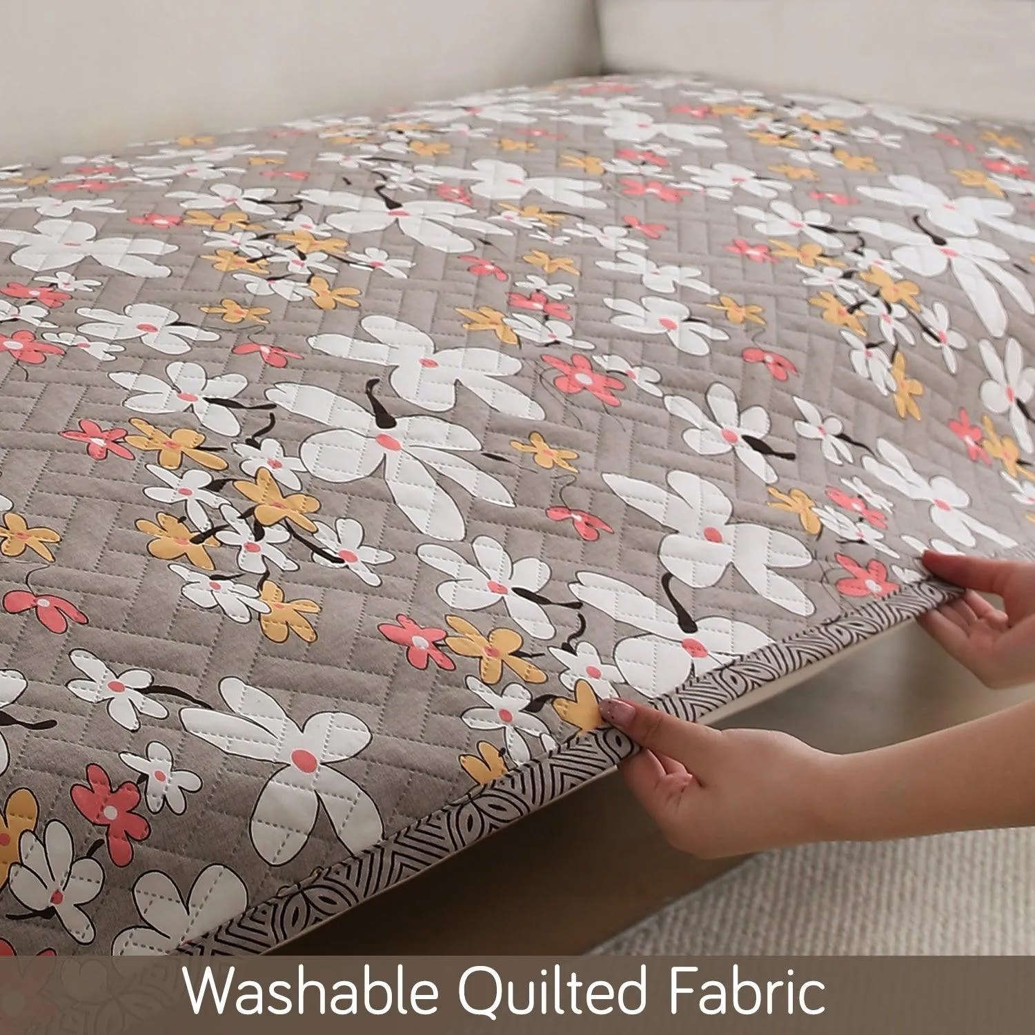 HOKIPO Printed Quilted Sofa Cover L Shape, Pastel Brown Sandwort Flower