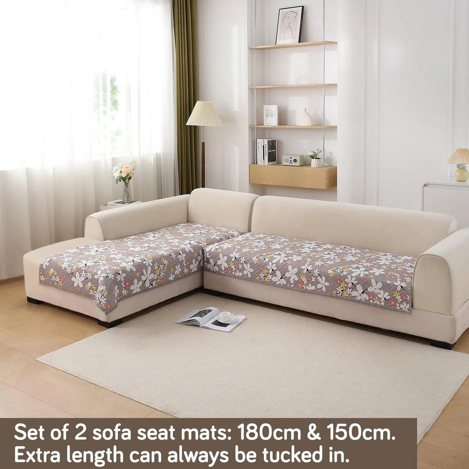 HOKIPO Printed Quilted Sofa Cover L Shape, Pastel Brown Sandwort Flower