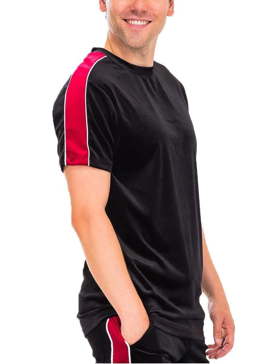 Mens Black Red Stripe Velvet Short Sleeve T Shirt