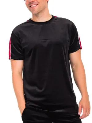 Mens Black Red Stripe Velvet Short Sleeve T Shirt