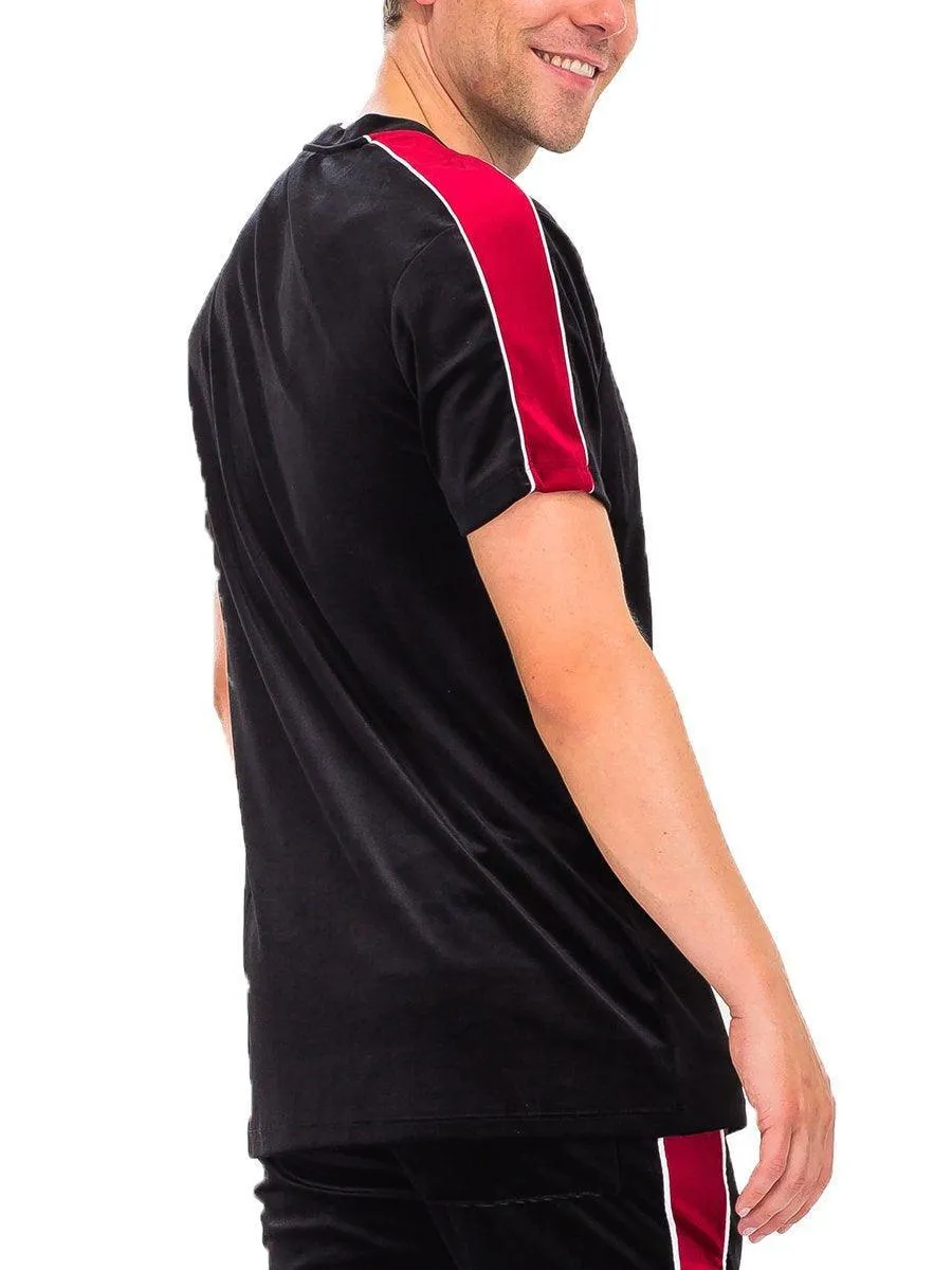 Mens Black Red Stripe Velvet Short Sleeve T Shirt