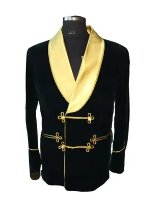 Men's Elegant Green Velvet Jacket with Gold Lapel Hosting Evening Party Wear Coat