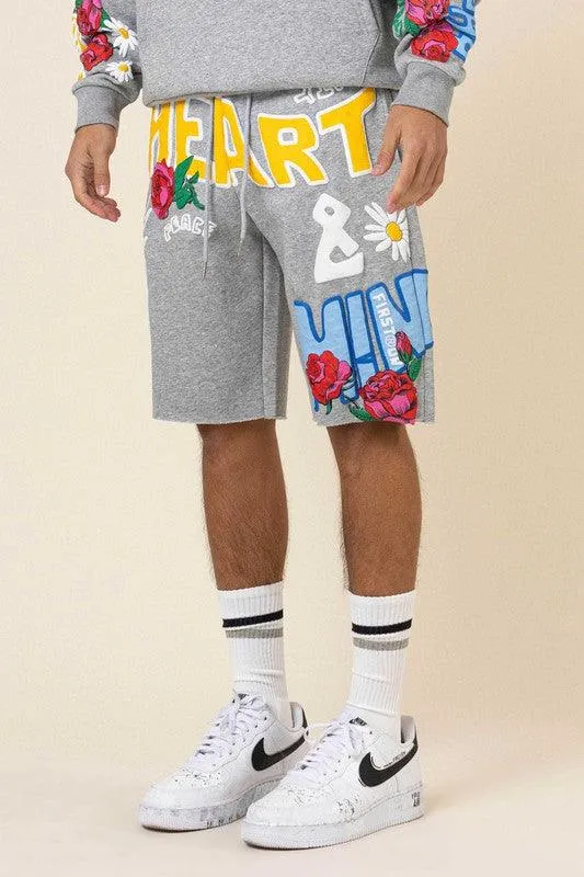 Mens Grey Flower Puff Print Short