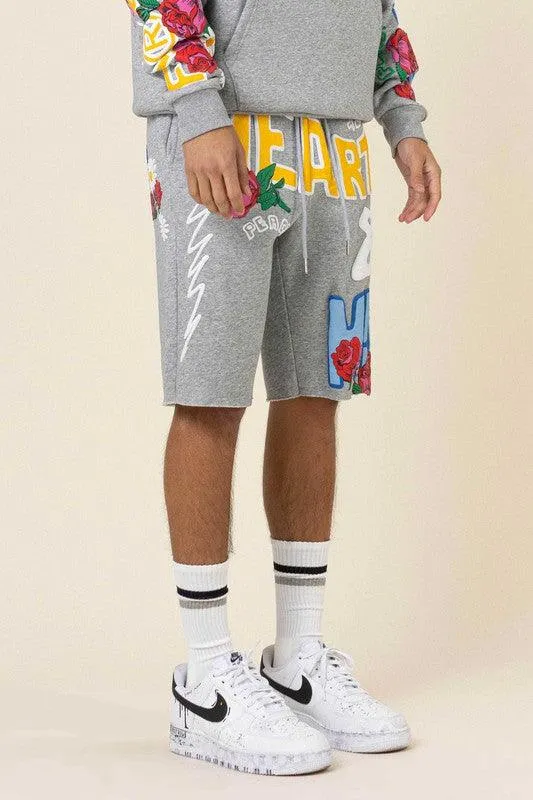 Mens Grey Flower Puff Print Short