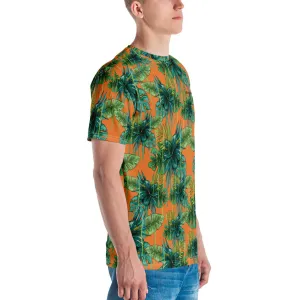 Orange Tropical Leaf Men's T-shirt, Green Hawaiian Style Premium Tee For Men-Made in USA/EU