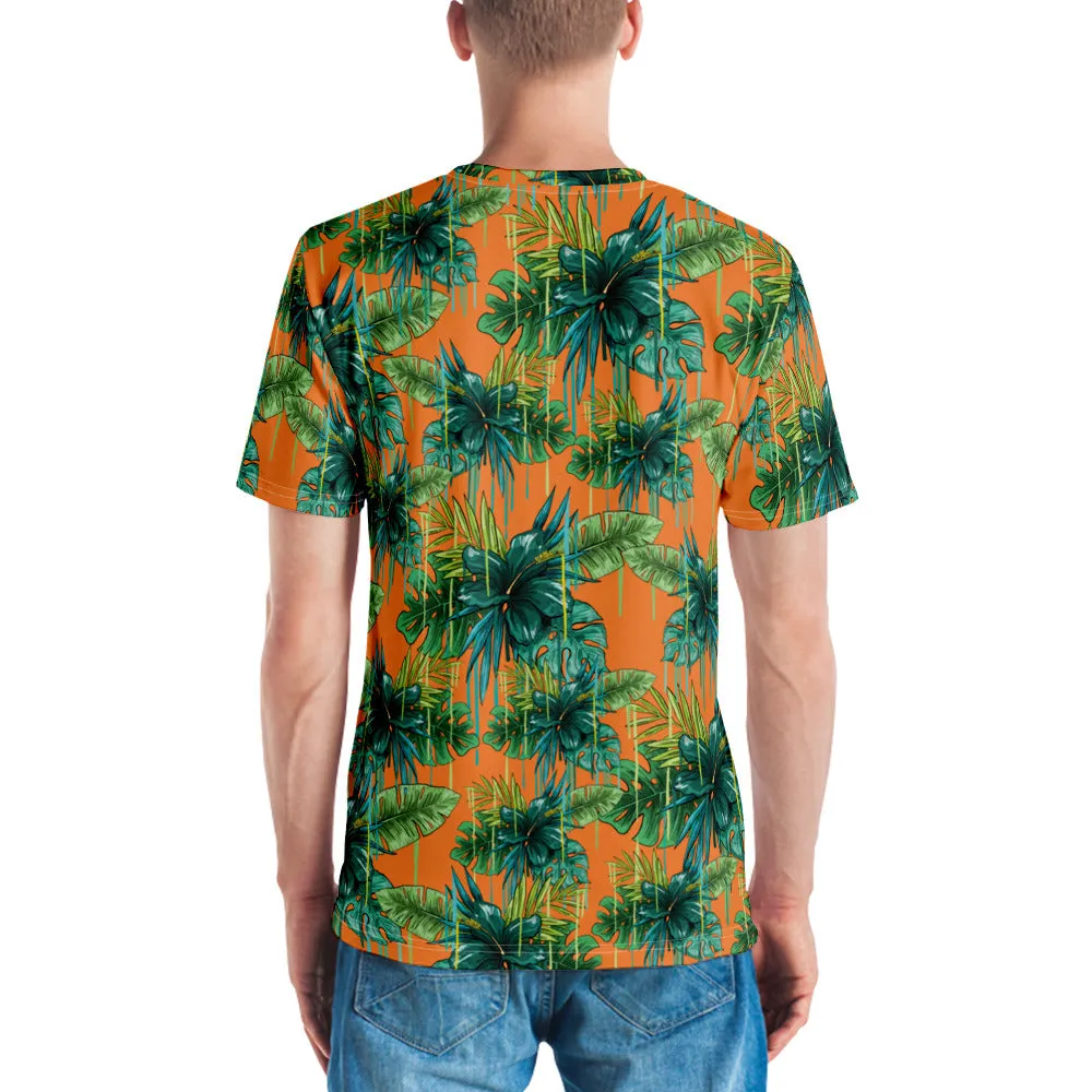 Orange Tropical Leaf Men's T-shirt, Green Hawaiian Style Premium Tee For Men-Made in USA/EU