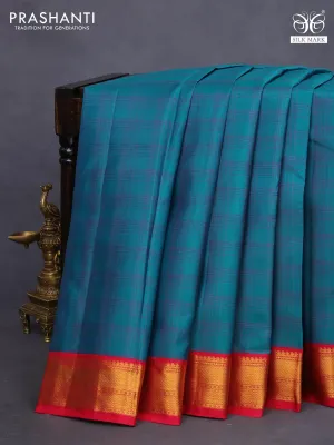 Pure kanchipuram silk saree cs blue shade and pink with allover checked pattern and zari woven korvai border