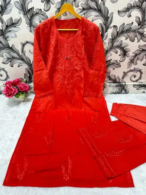 Red Chikankari Bliss Combo: Dyeable Pure Cotton Kurti & Palazzo Set