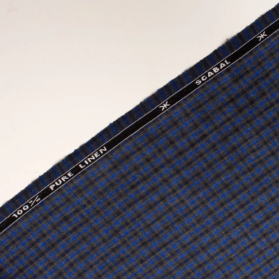 Royal Blue & Mid Grey Checkered Pure Linen