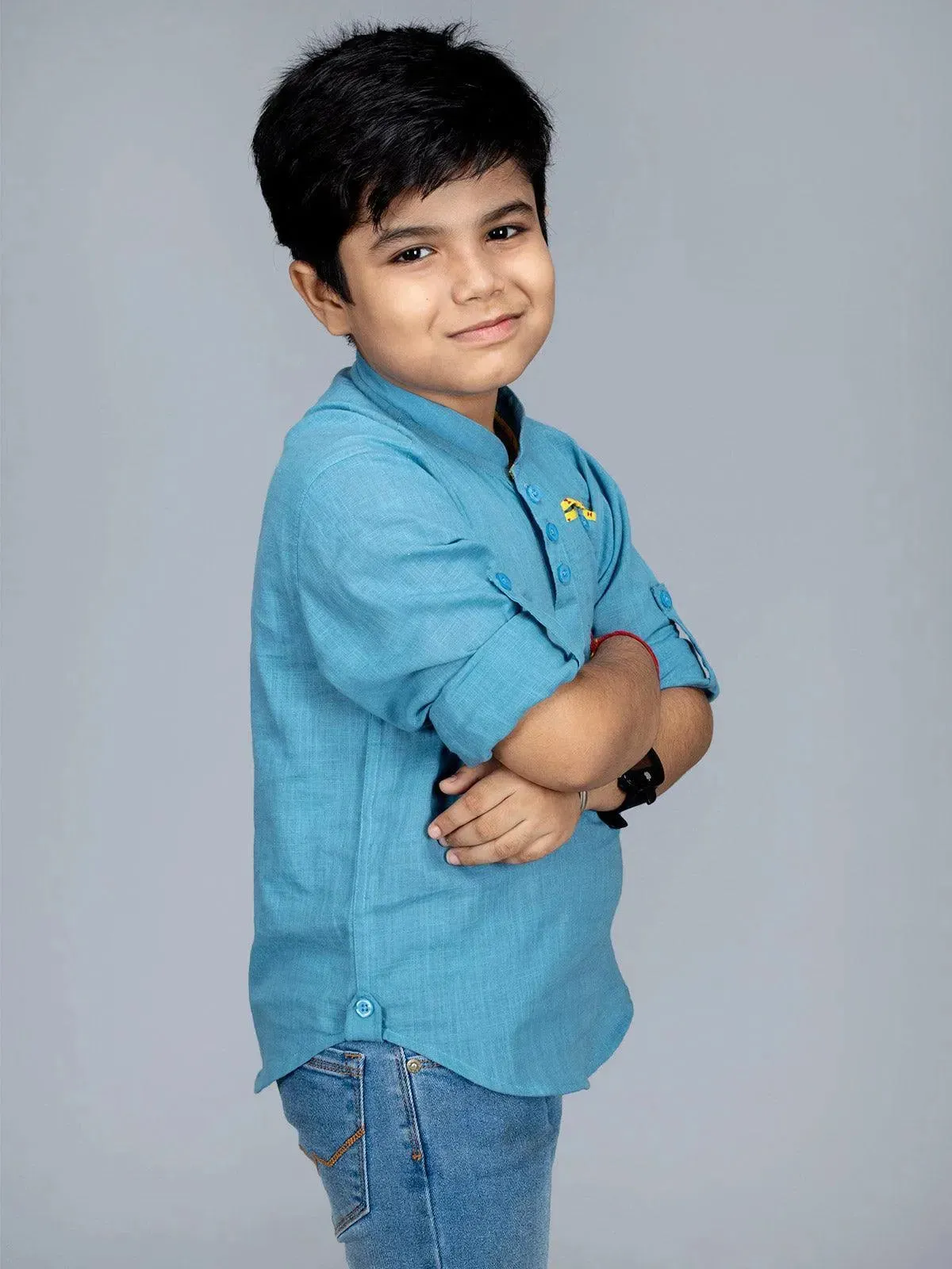 Sky Blue Slab Cotton Boys Short Kurta