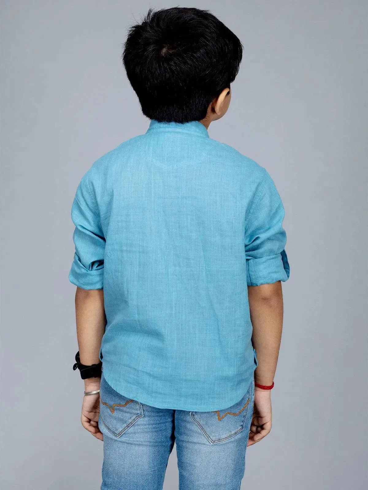 Sky Blue Slab Cotton Boys Short Kurta