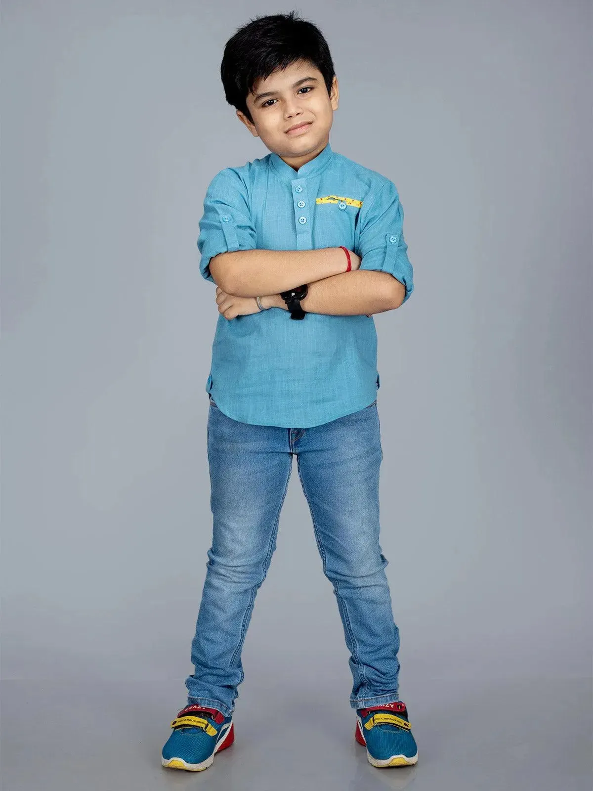 Sky Blue Slab Cotton Boys Short Kurta