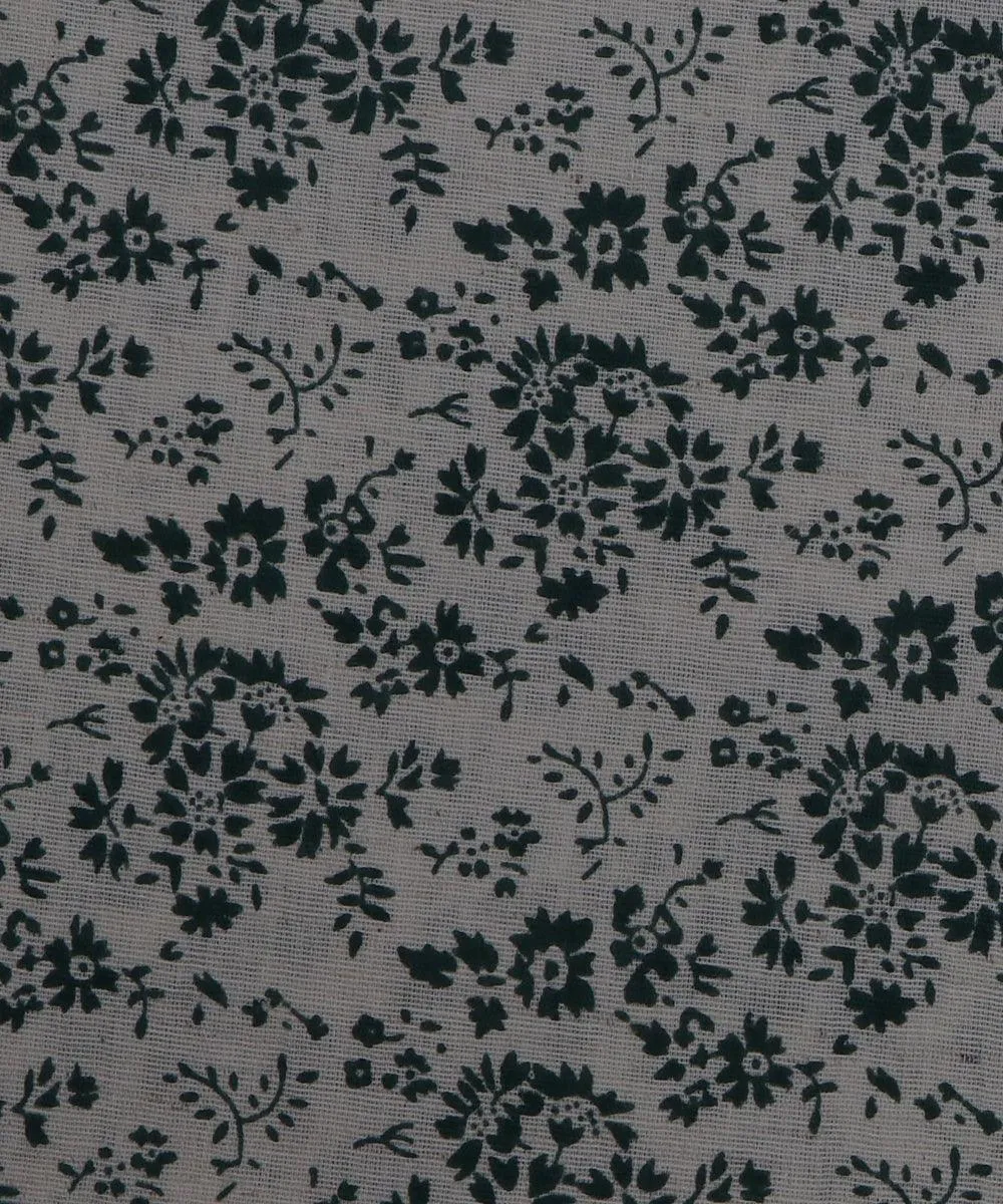 White and Green Floral Print Slub Cotton Fabric