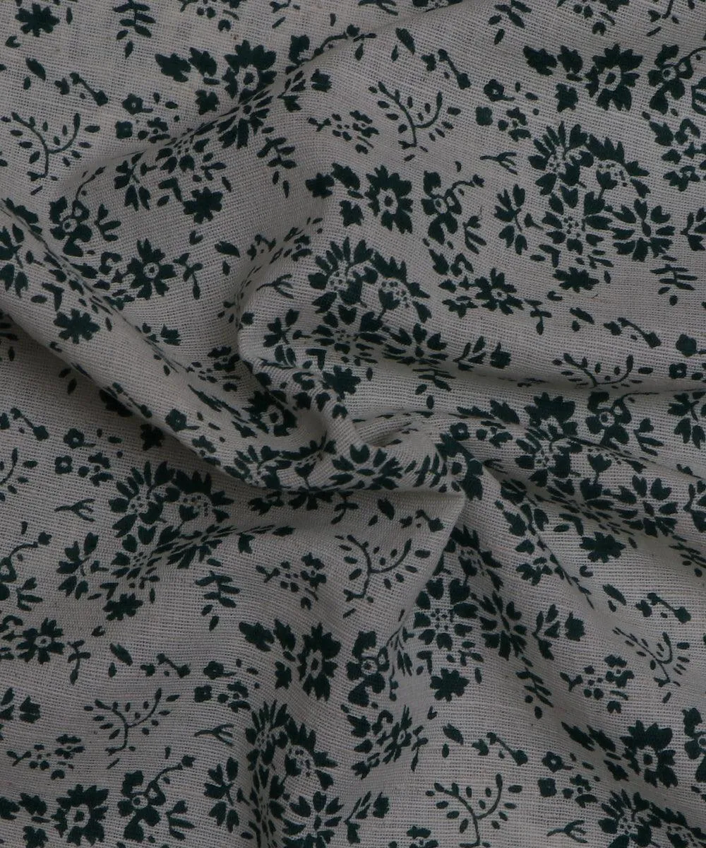 White and Green Floral Print Slub Cotton Fabric