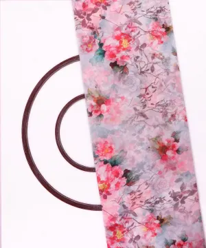 White Pink Teal Floral Print Viscose Georgette Fabric