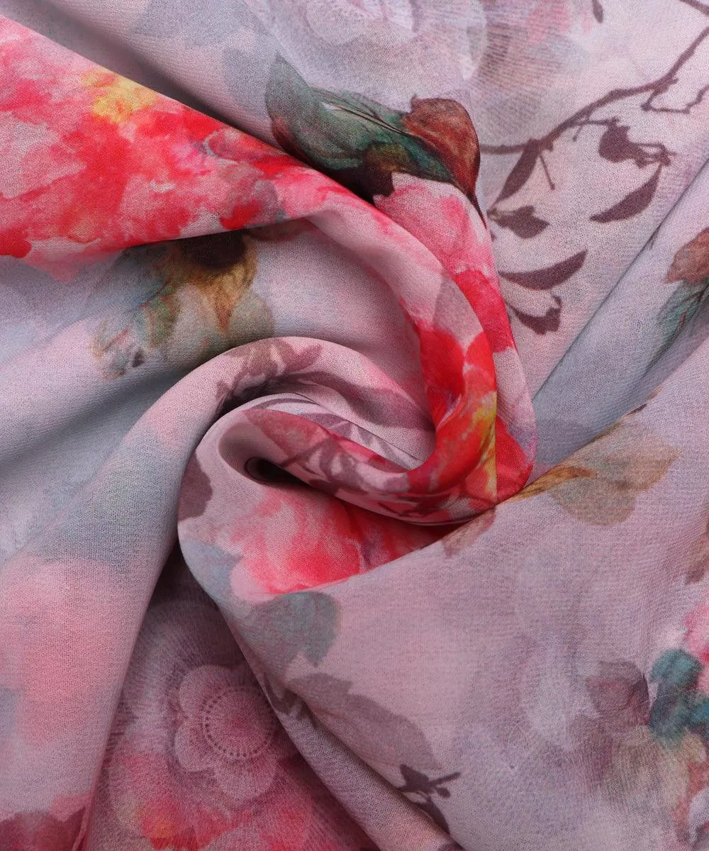 White Pink Teal Floral Print Viscose Georgette Fabric