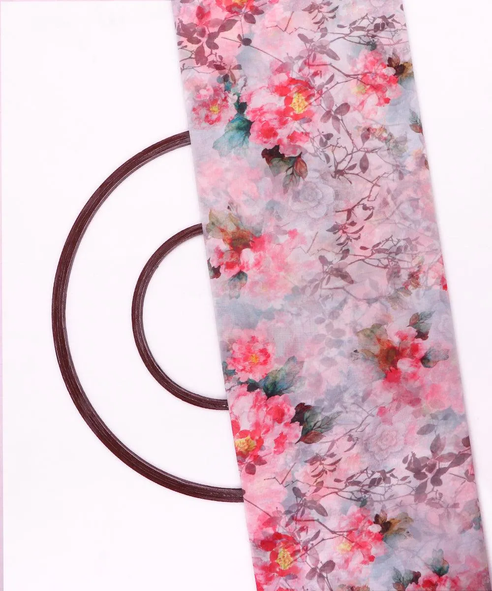 White Pink Teal Floral Print Viscose Georgette Fabric