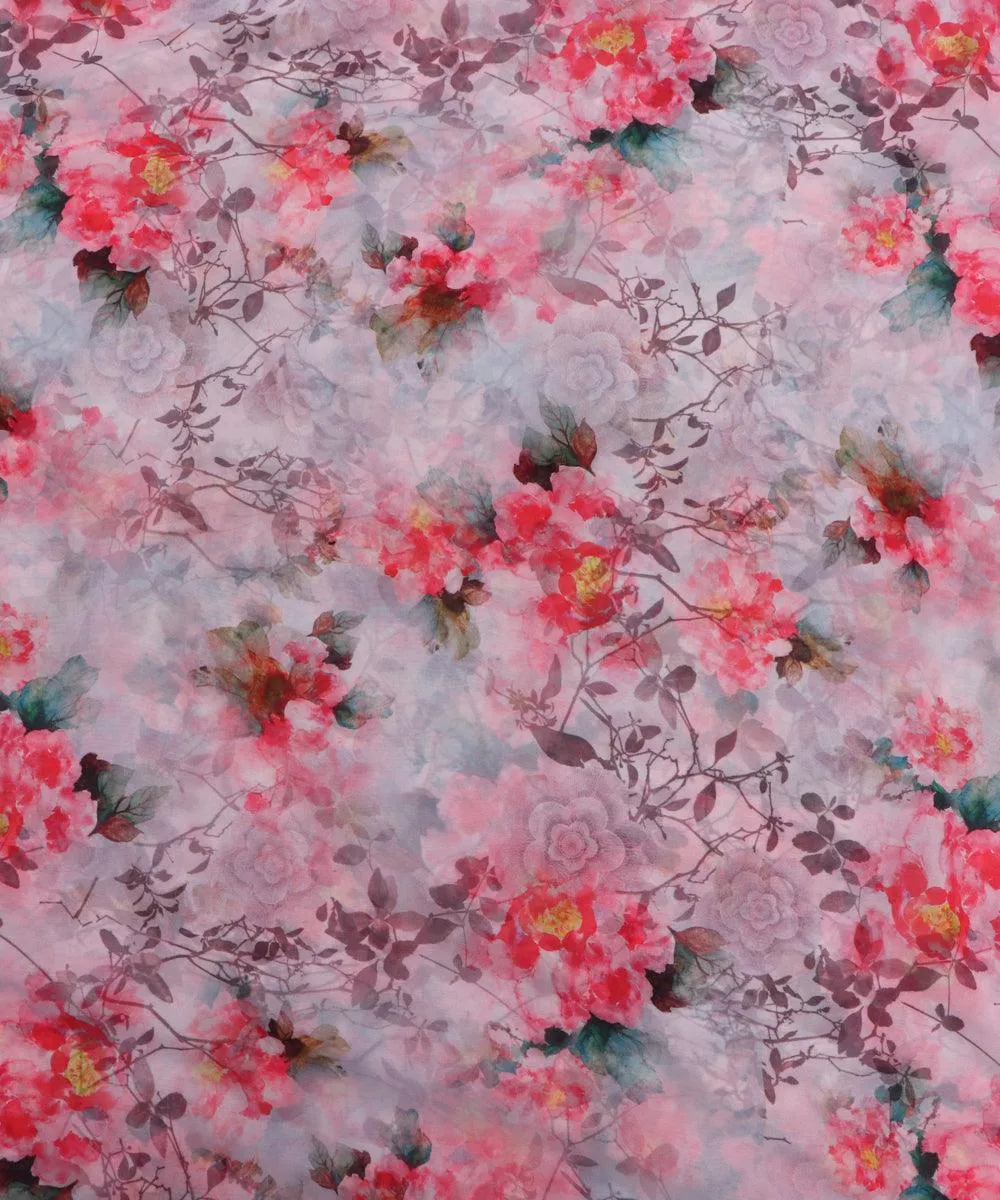 White Pink Teal Floral Print Viscose Georgette Fabric