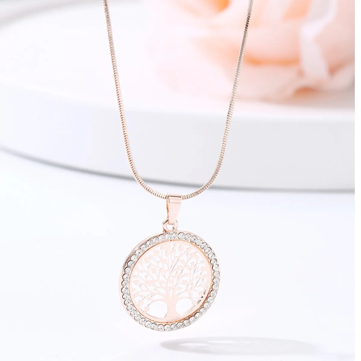Womens Elegant Small Tree of Life Crystal Pendant Necklace
