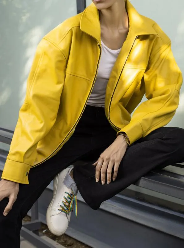 Womens Oversized Yellow Leather Jacket